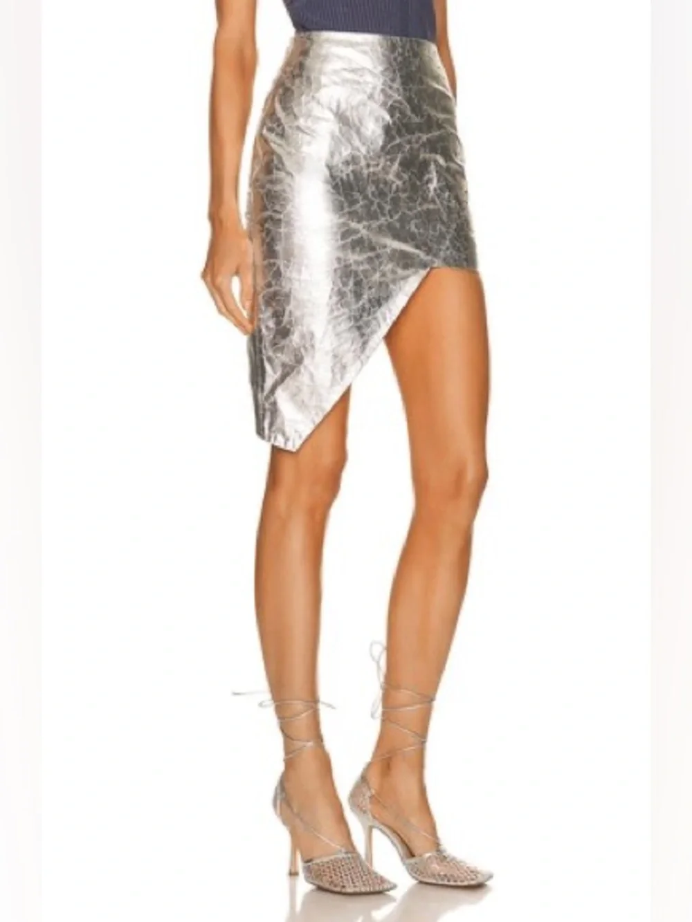 Zeynep Arcay Asymmetric Mini Silver Crackle Lamb Leather Skirt Size US 6